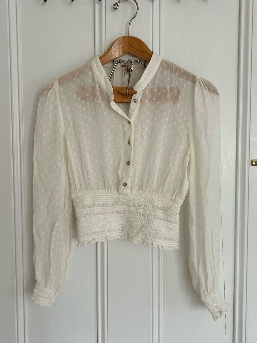Cream/White Swiss Dot Button-Front Smocked Waist Blouse